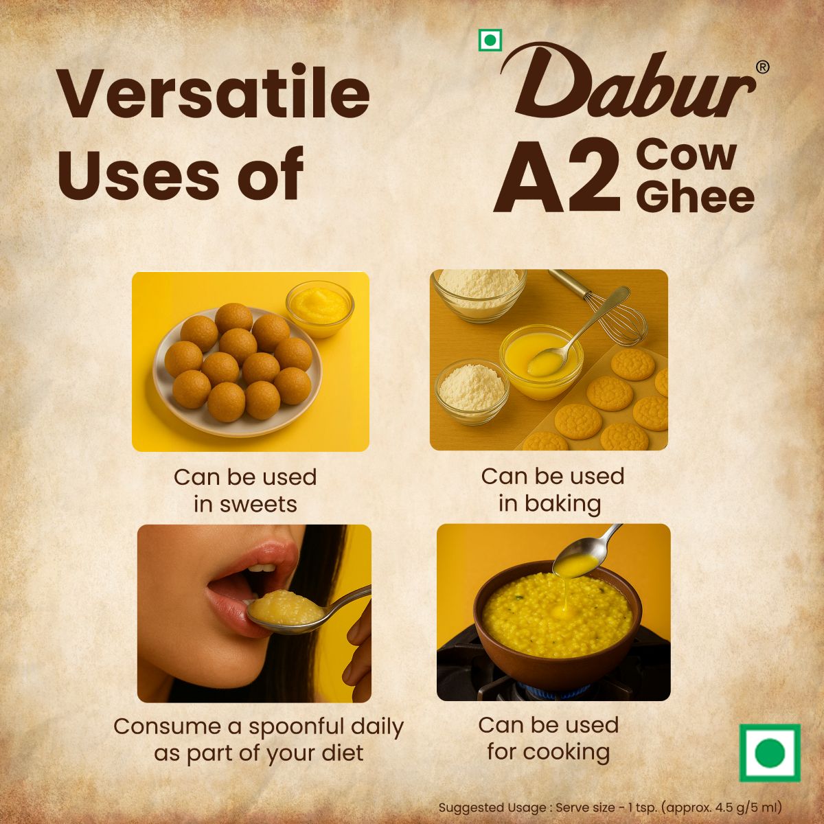 Dabur A2 Cow Ghee | Rich in Vitamin A & Antioxidant | Bilona method | Helps balance Vata & Pitta Dosha | Made from desi cows Milk