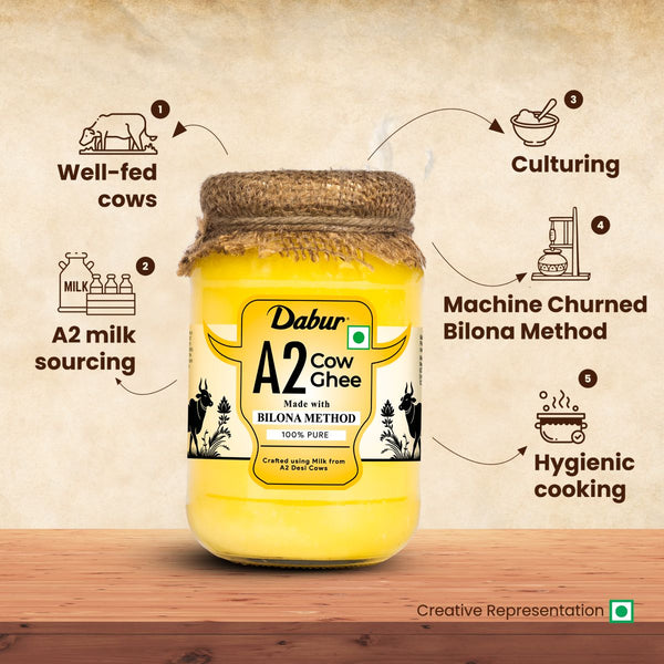 Dabur A2 Cow Ghee | Rich in Vitamin A & Antioxidant | Bilona method | Helps balance Vata & Pitta Dosha | Made from desi cows Milk 500ml