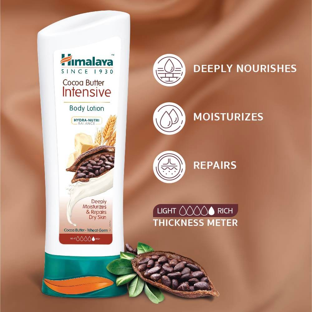 Himalaya Cocoa Butter Intensive Body Lotion with product and benefits on a brown background