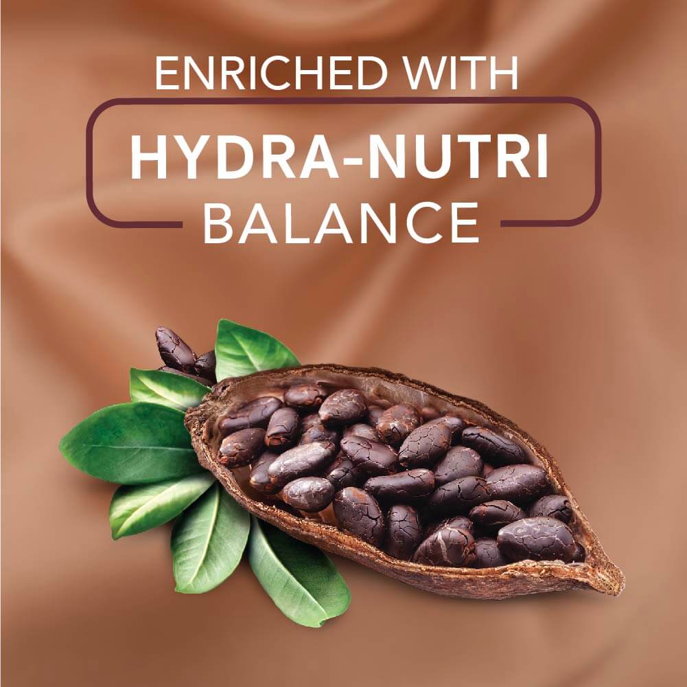 Cocoa pod with dark chocolate beans and green leaves on a brown background with 'Hydra-Nutri Balance' text.