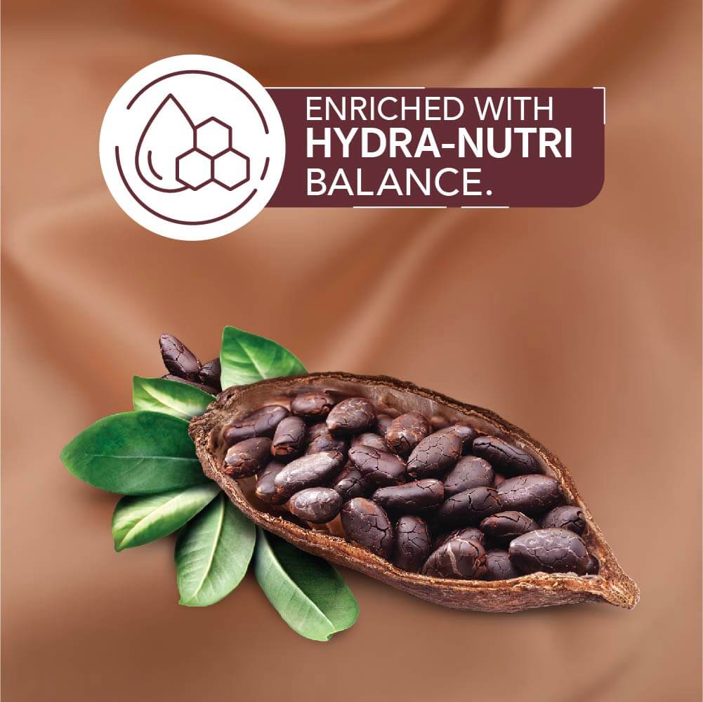 Cocoa beans in a pod with green leaves and 'Enriched with Hydra-Nutri Balance' label on a brown background