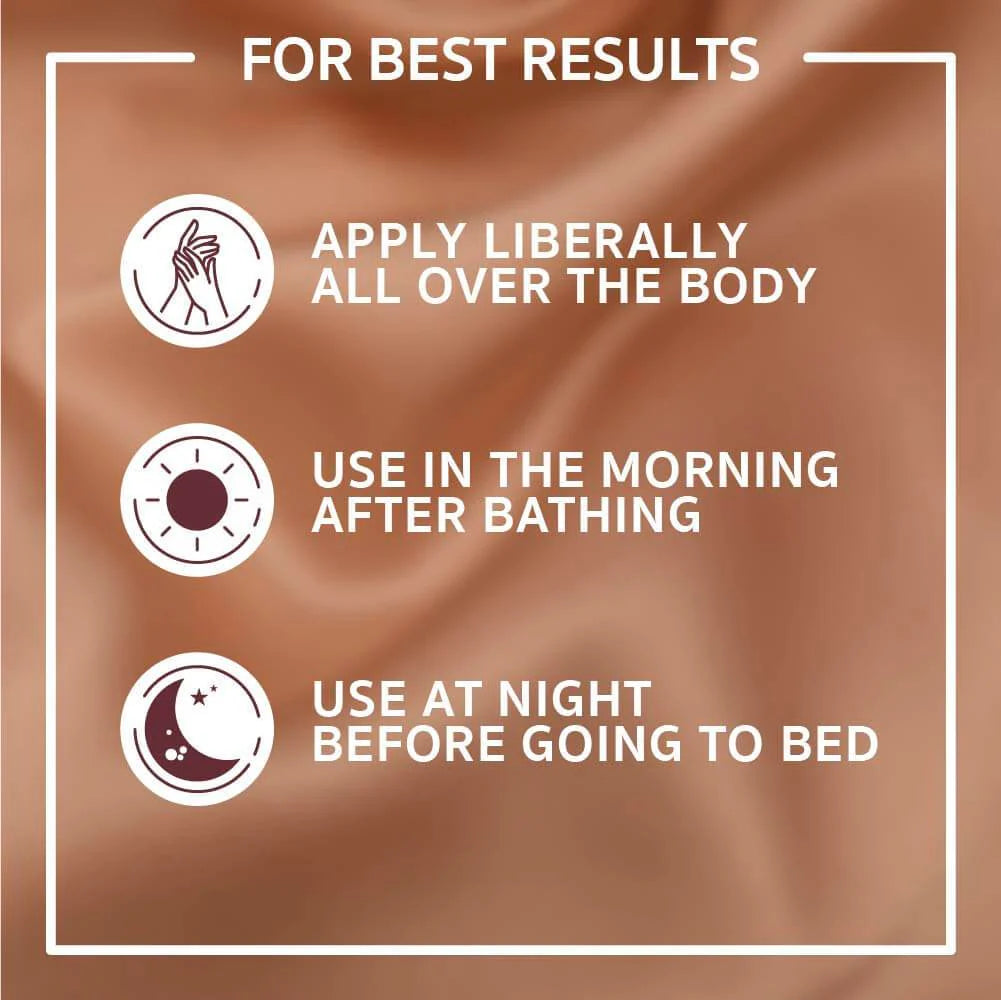 Instructions for applying a product liberally over the body, using it in the morning after bathing, and at night before bed on a brown background.