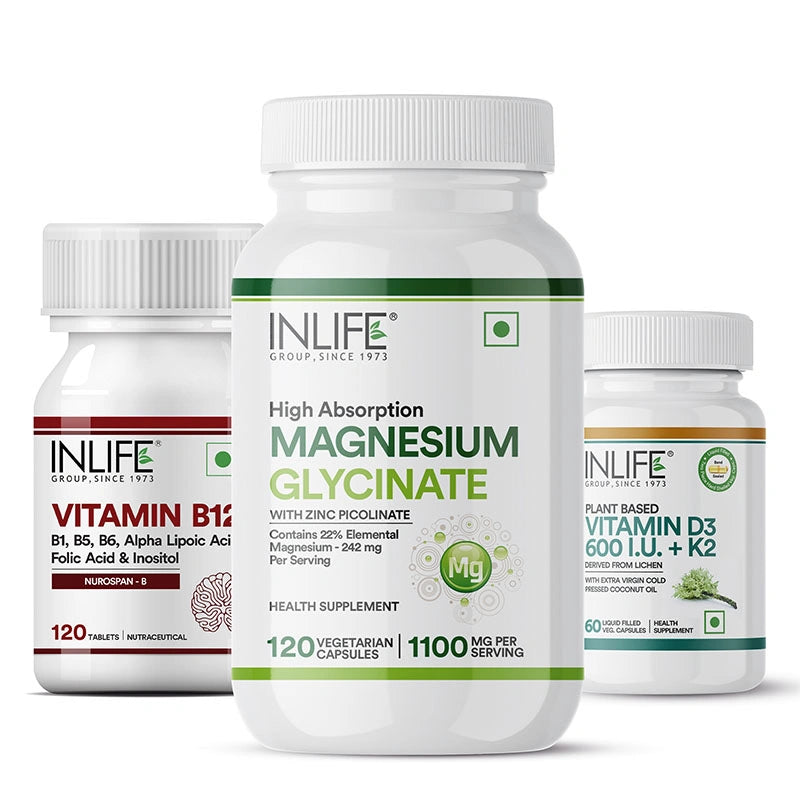 Inlife Plant-Based Vitamin D3 K2 with Organic Coconut Oil + Vitamin B12 ALA + Magnesium Glycinate with Zinc | Vegetarian Combo Pack