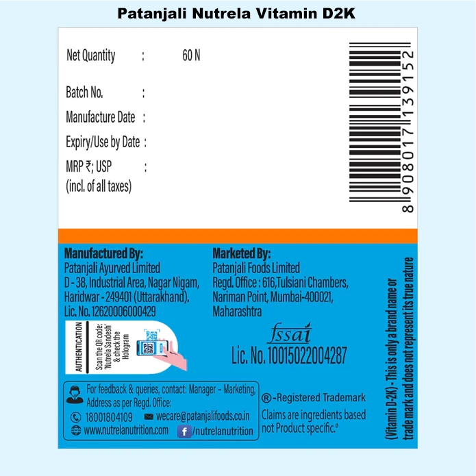 Combo Patanjali Nutrela Vitamin D2K + B12 (60N+30) Capsules3