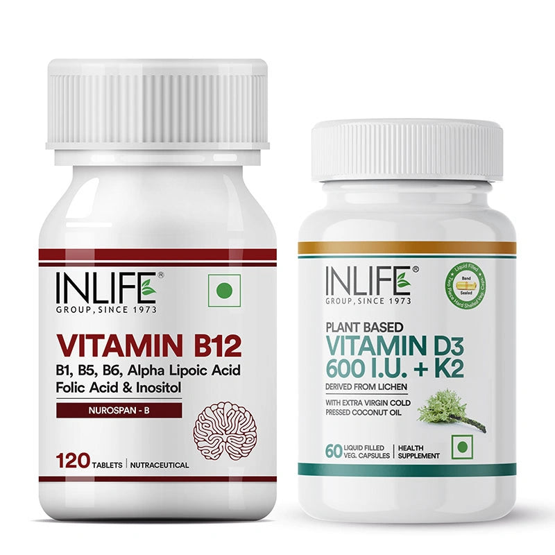 Inlife Vitamin B12 (RDA) Tablets + Vitamin D3 600 IU with K2 - MK7 Capsules | Vegeterian Combo Pack
