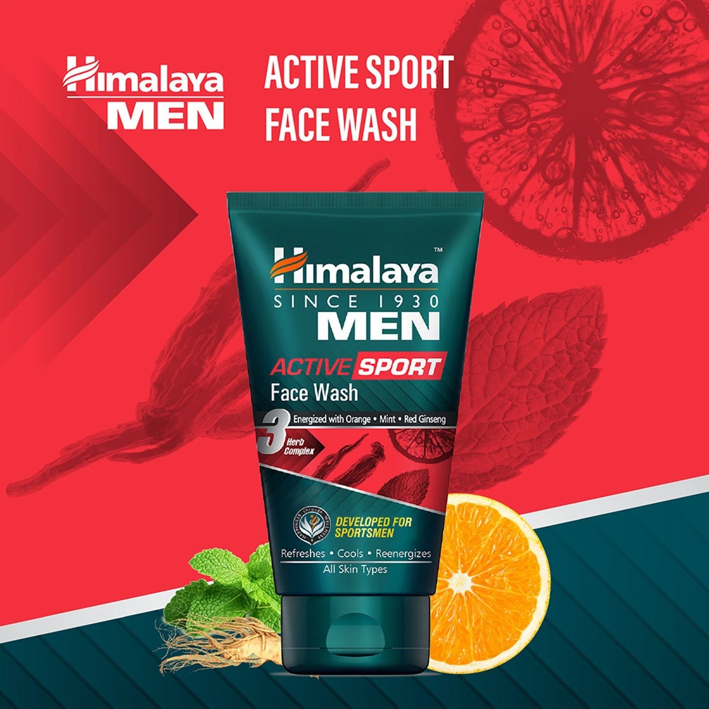 Himalaya Men Active Sport Face Wash tube with lemon and mint leaves on a red and blue background