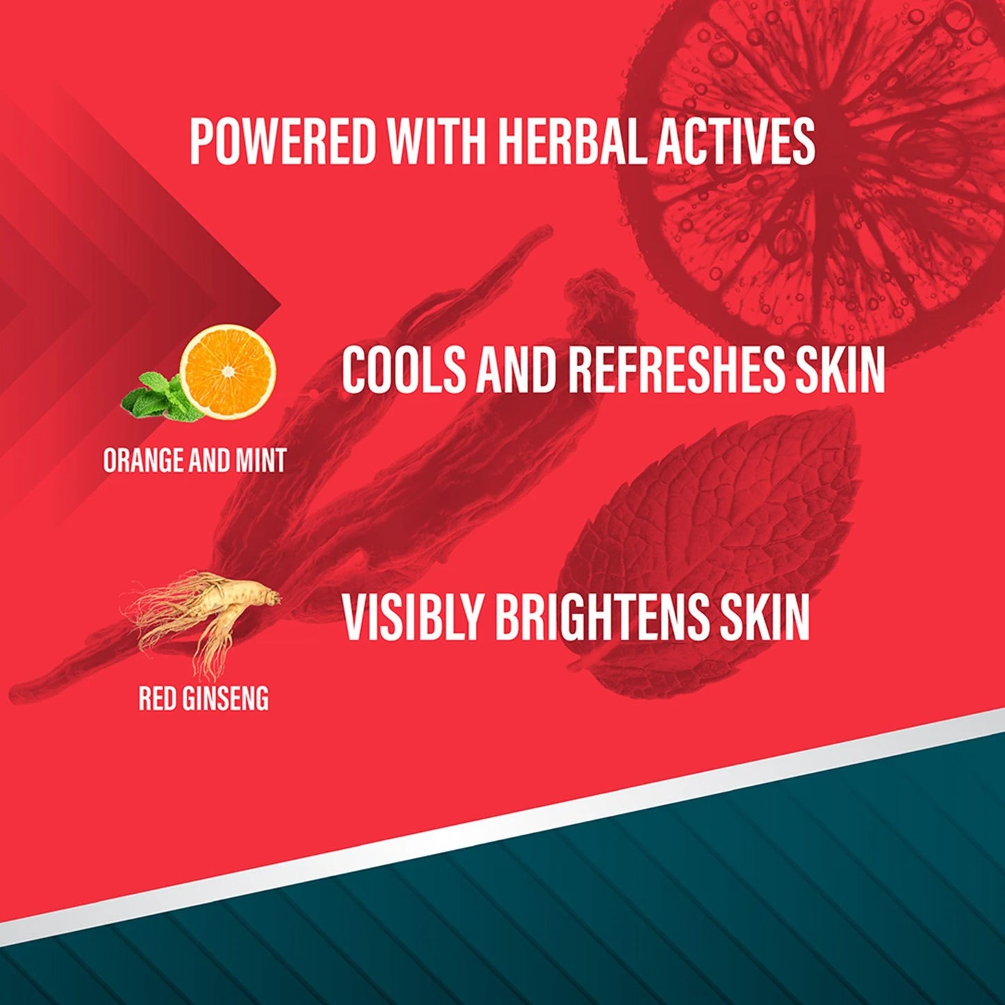 Product advertisement with herbal ingredients and text on a red and blue background