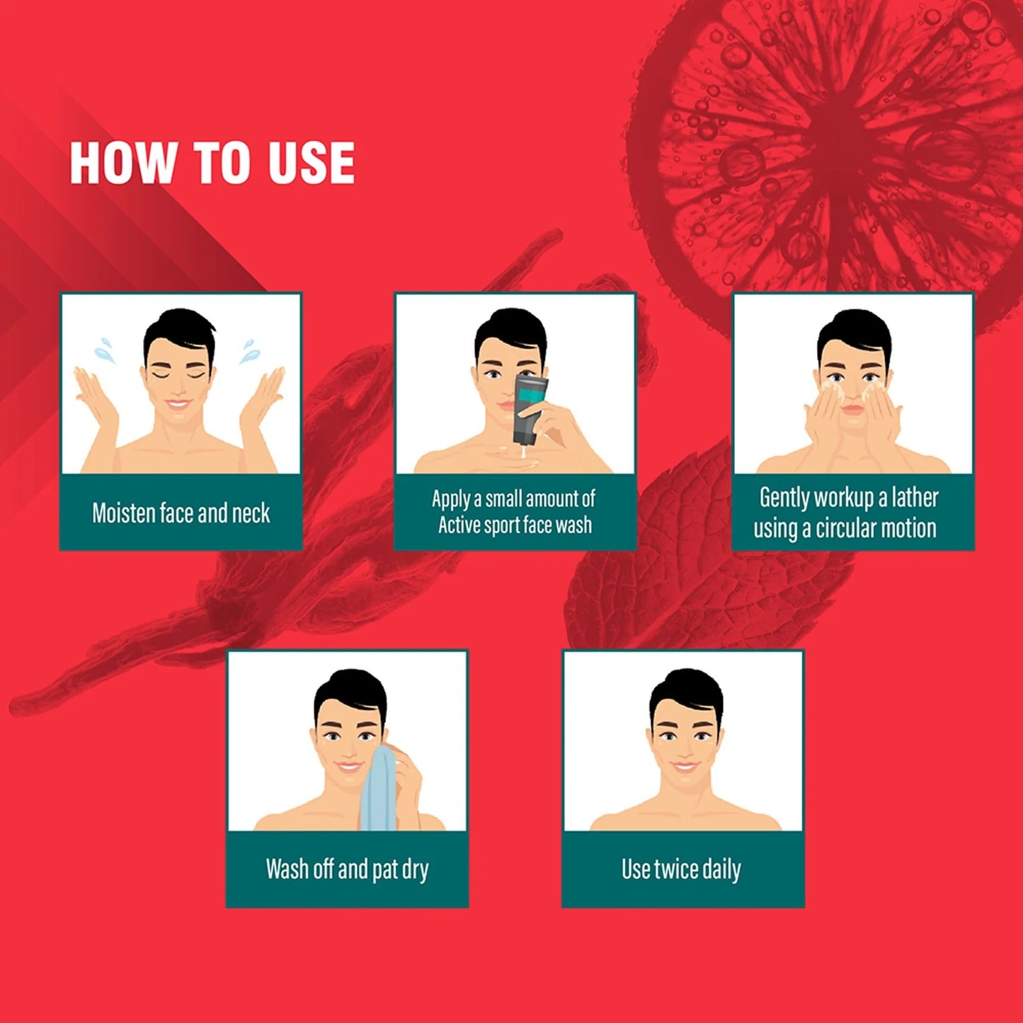 Instructions on how to use a face wash with cartoon illustrations of a man on a red background.