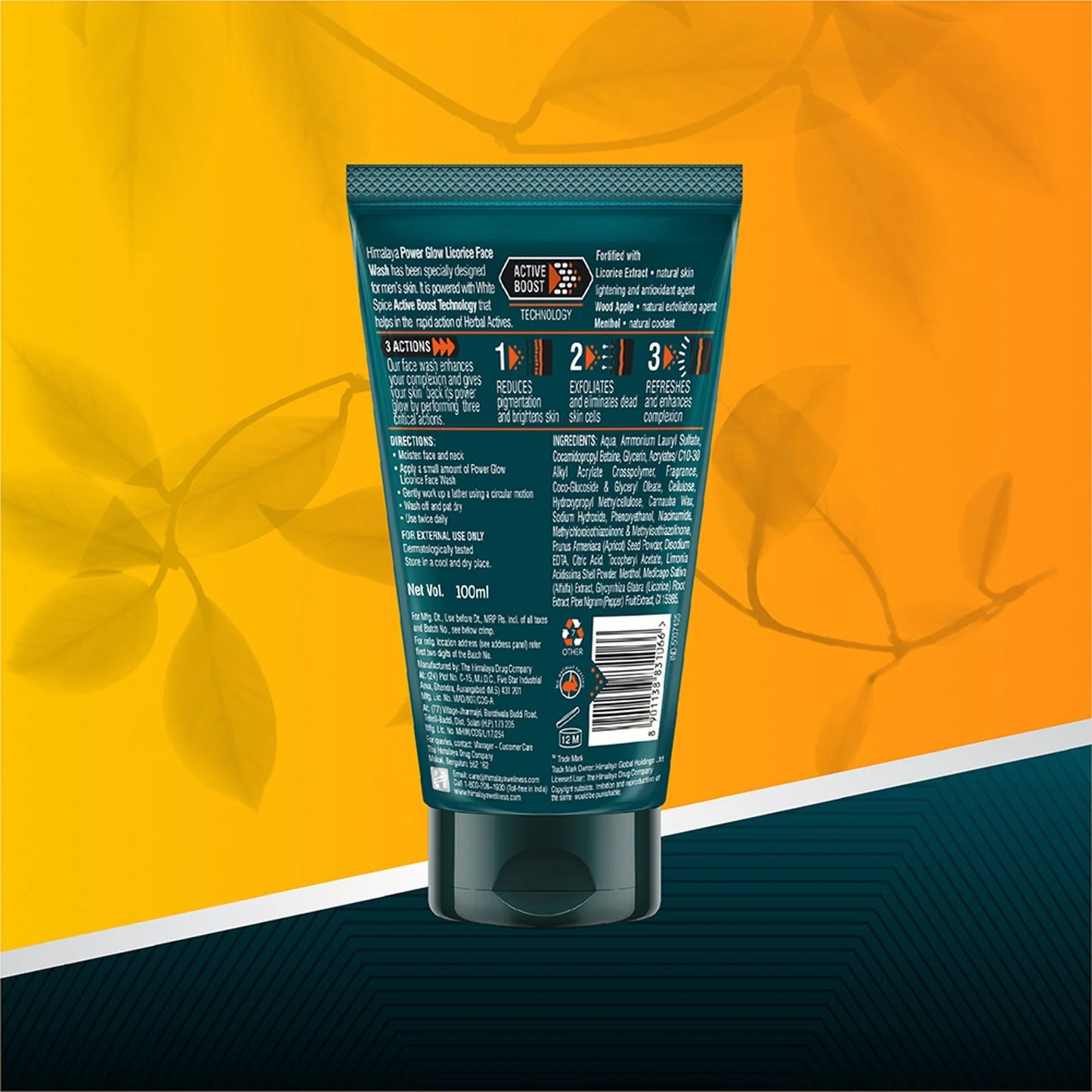 Back view of a blue skincare product tube on an orange and blue gradient background
