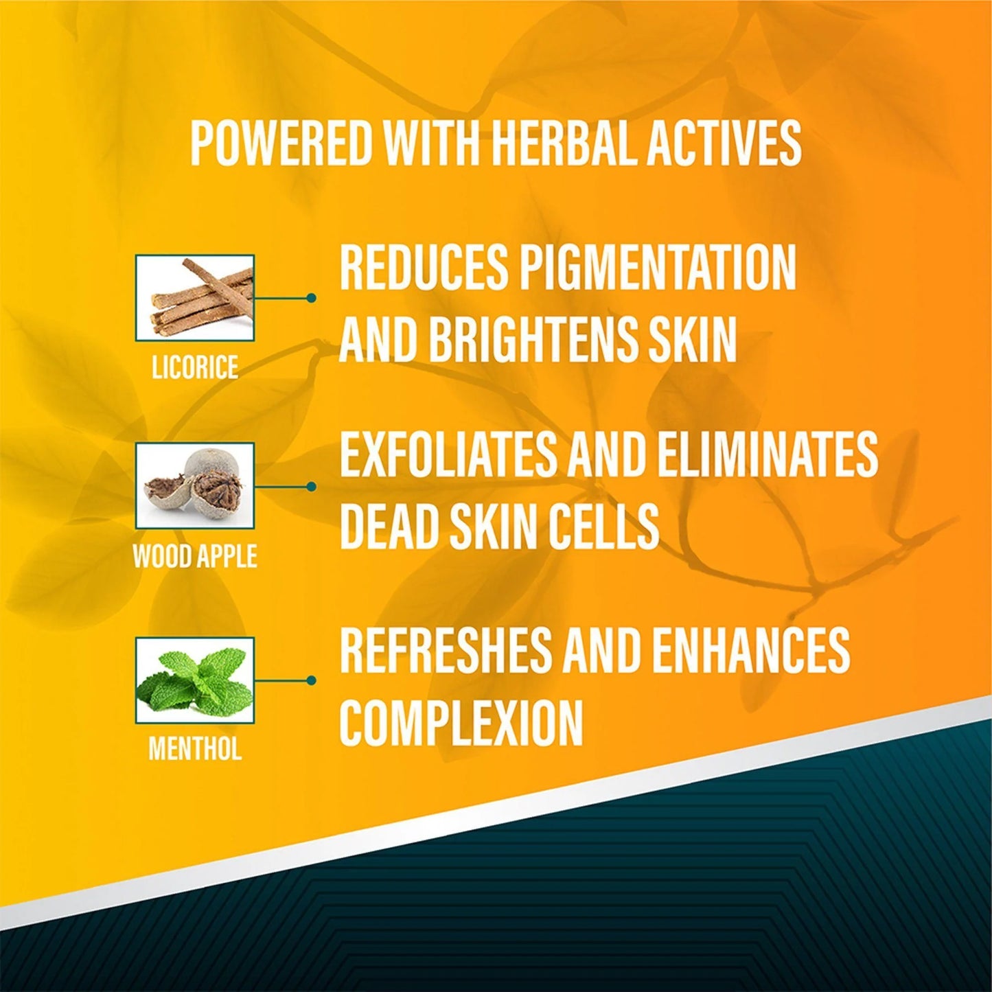 Product advertisement with text about herbal active ingredients and their benefits on skin.