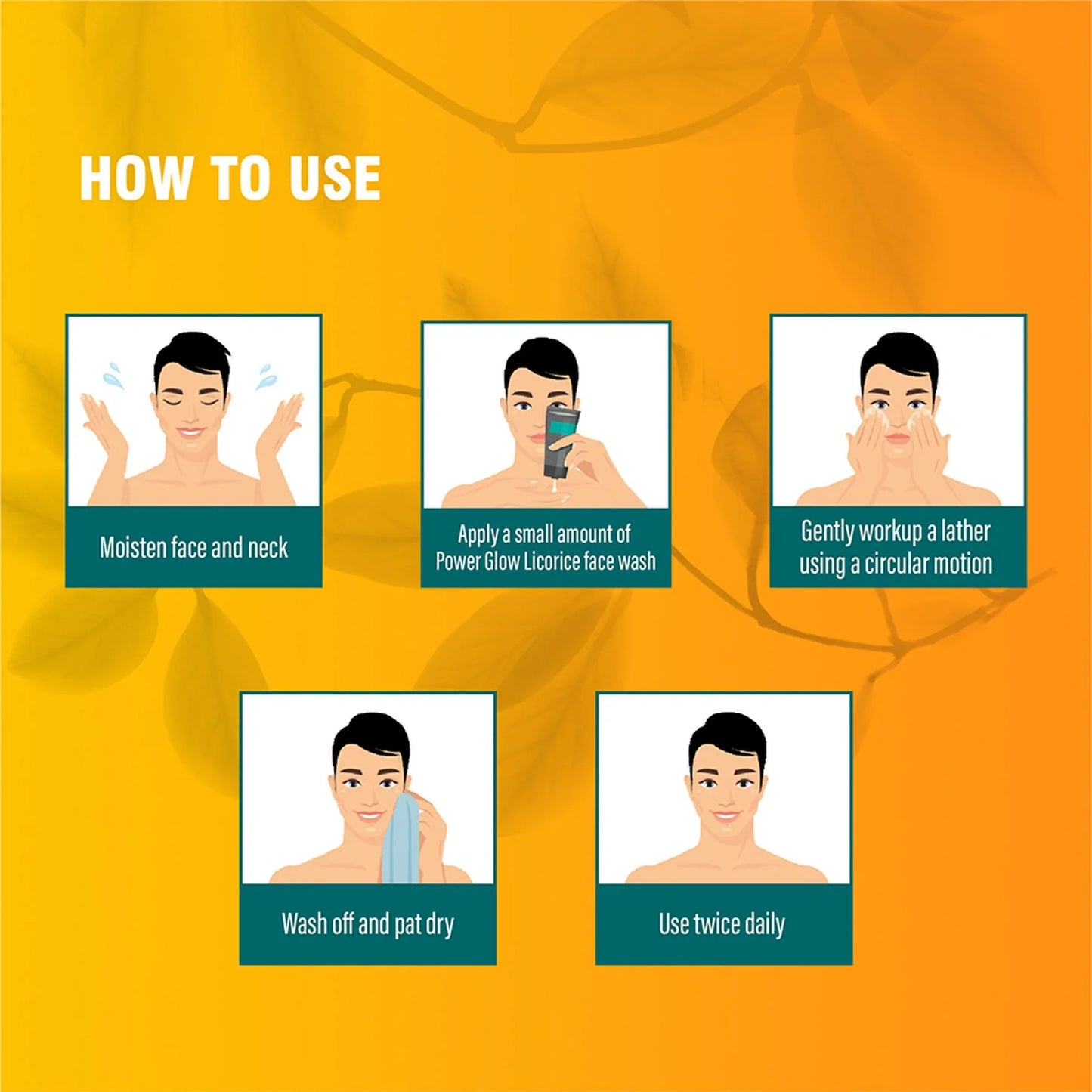 Instructions on how to use a facial cleanser with a yellow background