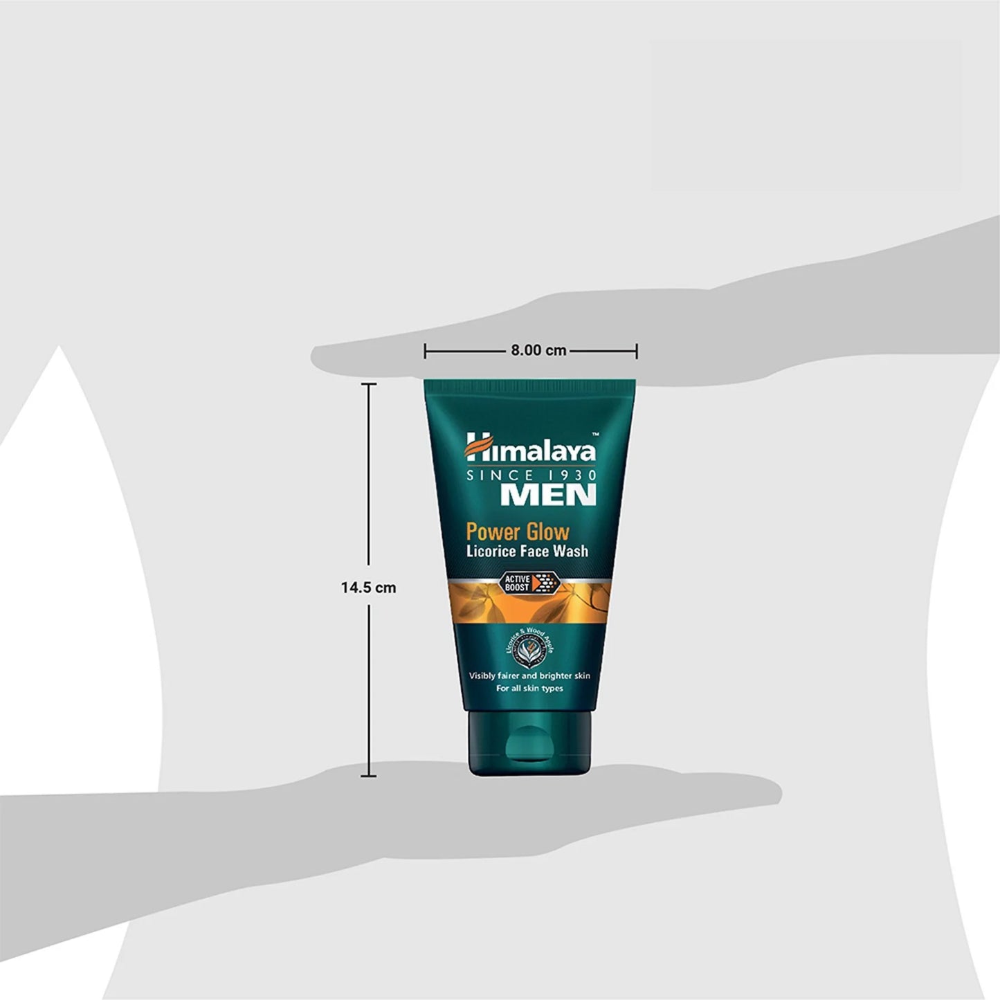 Himalaya Men's Power Glow Licorice Face Wash tube held in a hand with dimensions indicated.