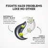 Product packaging with text 'Fights hair problems like no other' and images of a bottle and leaves.
