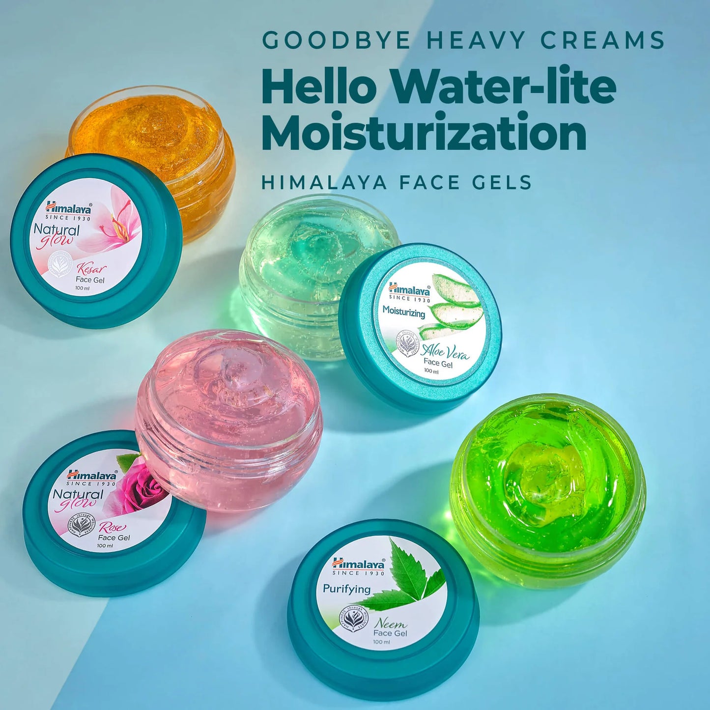 Himalaya Face Gels with various colors on a light blue background