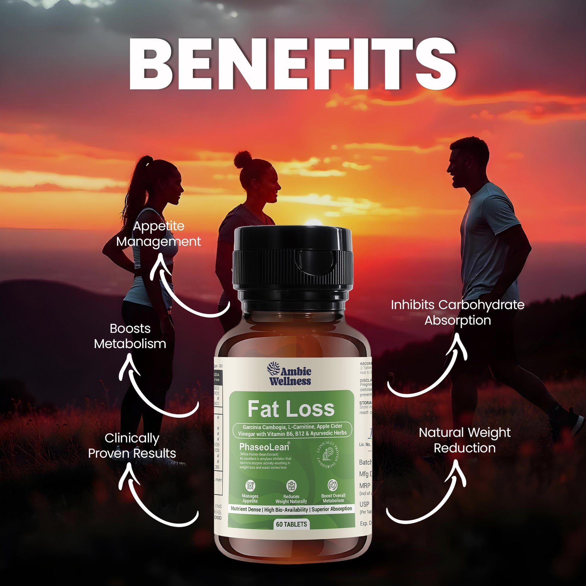 Ambic Wellness Fat Loss I Fat Burner 60 Tablets with Clinically Proven PhaseoLean I Garcinia Cambogia, ACV with mother, L-Carnitine I Weight Loss