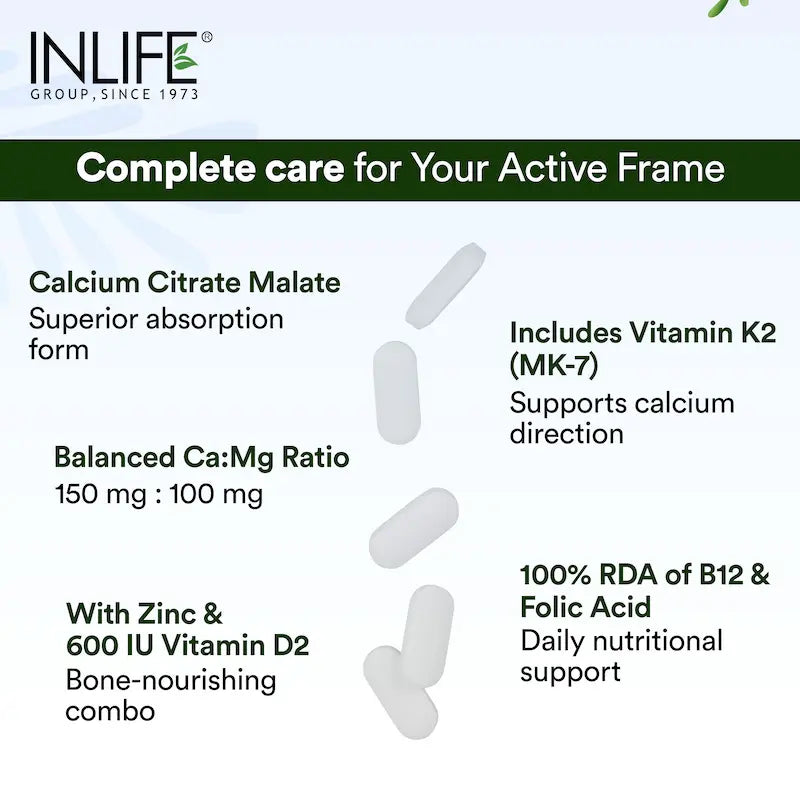 Inlife Bonelife Plus Formula | Calcium Citrate Malate, Magnesium, Zinc, Folic Acid, Vitamin D2, K2 & B12 | Supports Bone & Nutritional Health Tablets - 5