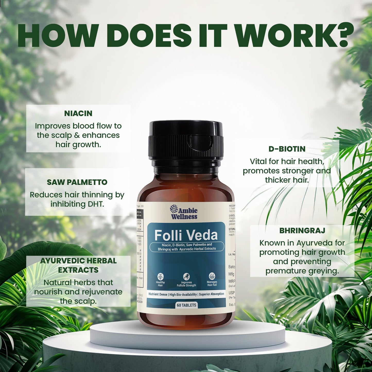 Ambic Wellness Folli Veda Hair Supplement for Men & Women I India's 1st DHT Balancer Biotin Tablet for Hair Growth with Saw Palmetto, Folic Acid