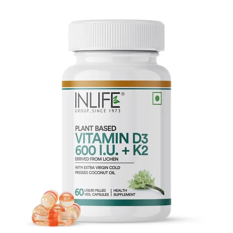 Inlife Plant Based Vitamin D3 K2 Supplement, Lichen Source, 600 IU | Veg. Capsules