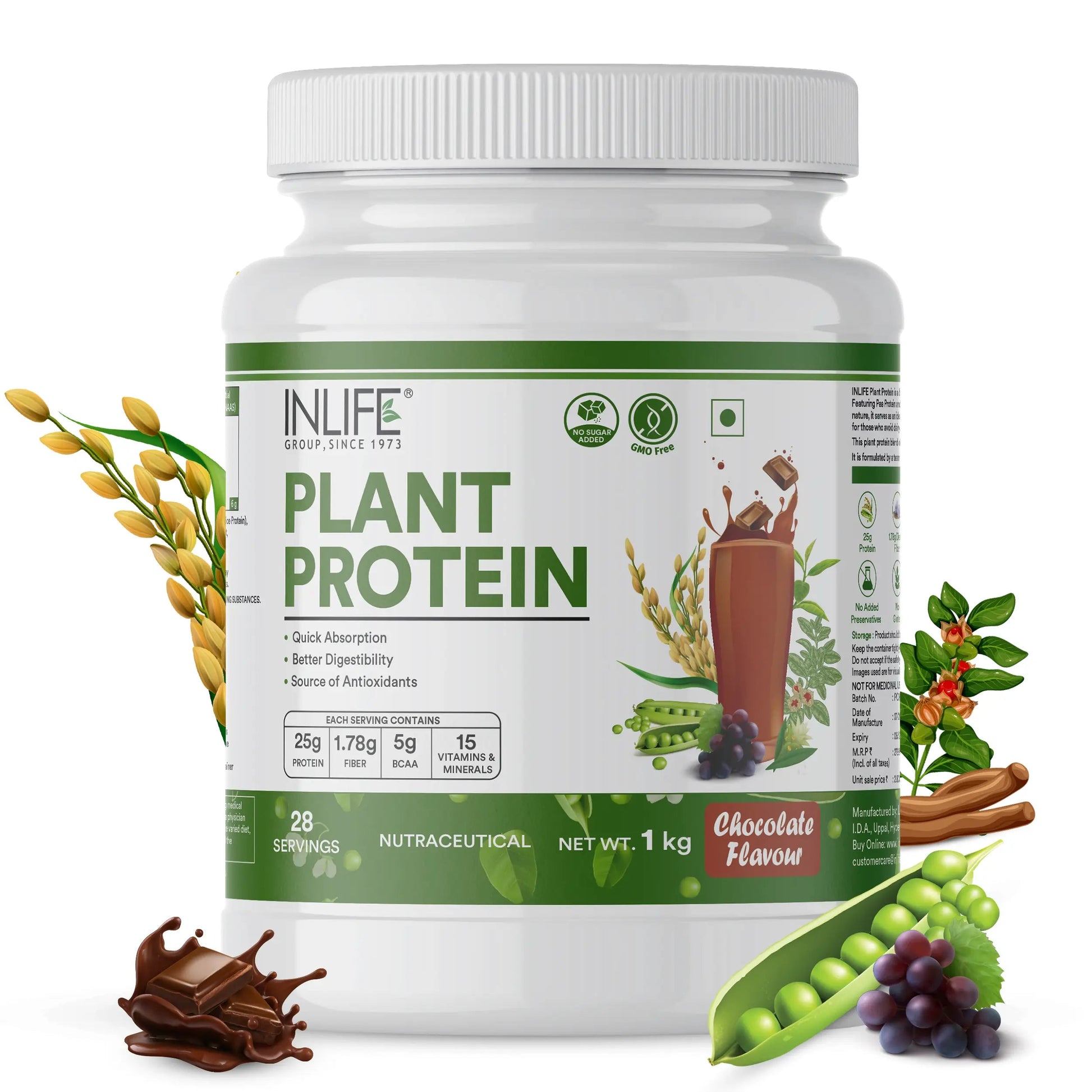 Inlife Plant Based Protein Powder Supplement | 25gms Protein (500g)