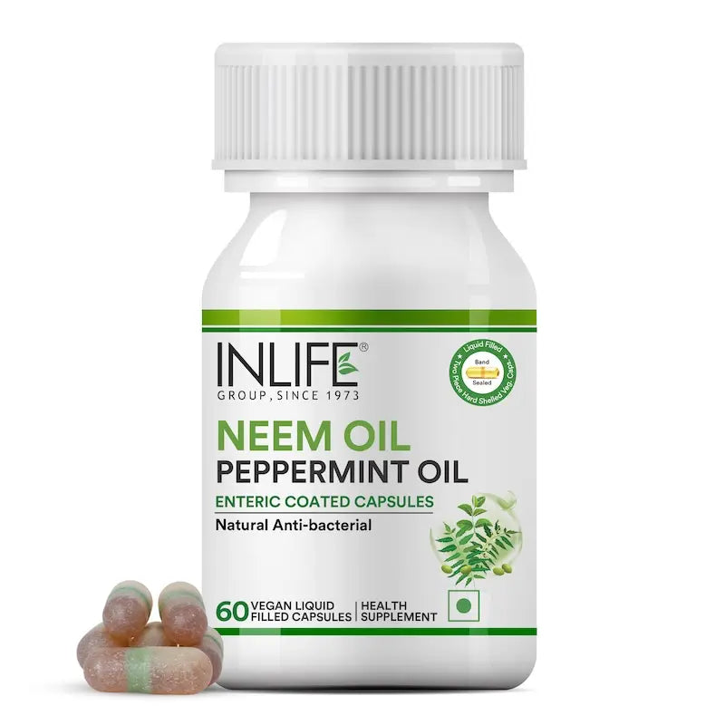 Inlife Neem & Peppermint Oil Capsules | 500mg | Enteric Coated Veg. Capsules
