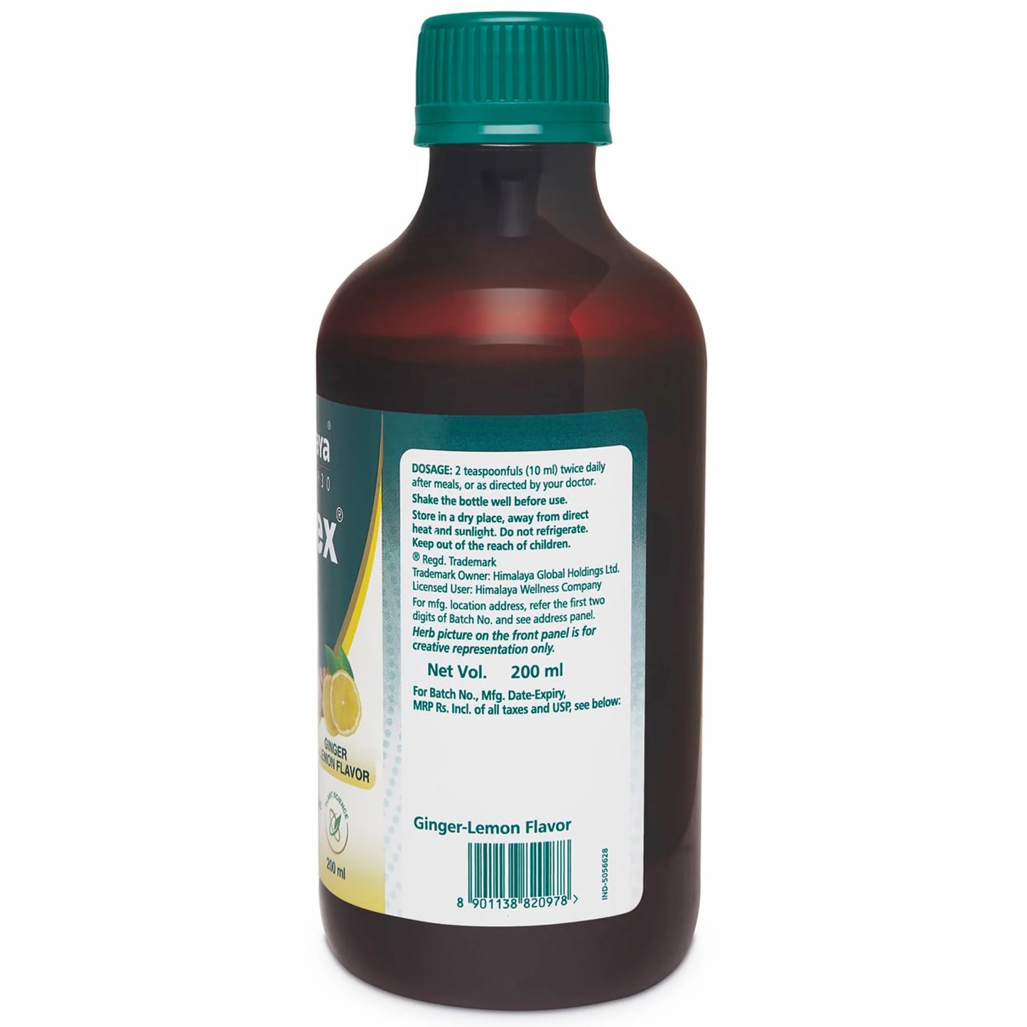 Bottle of ginger lemon flavor syrup with a green cap on a white background