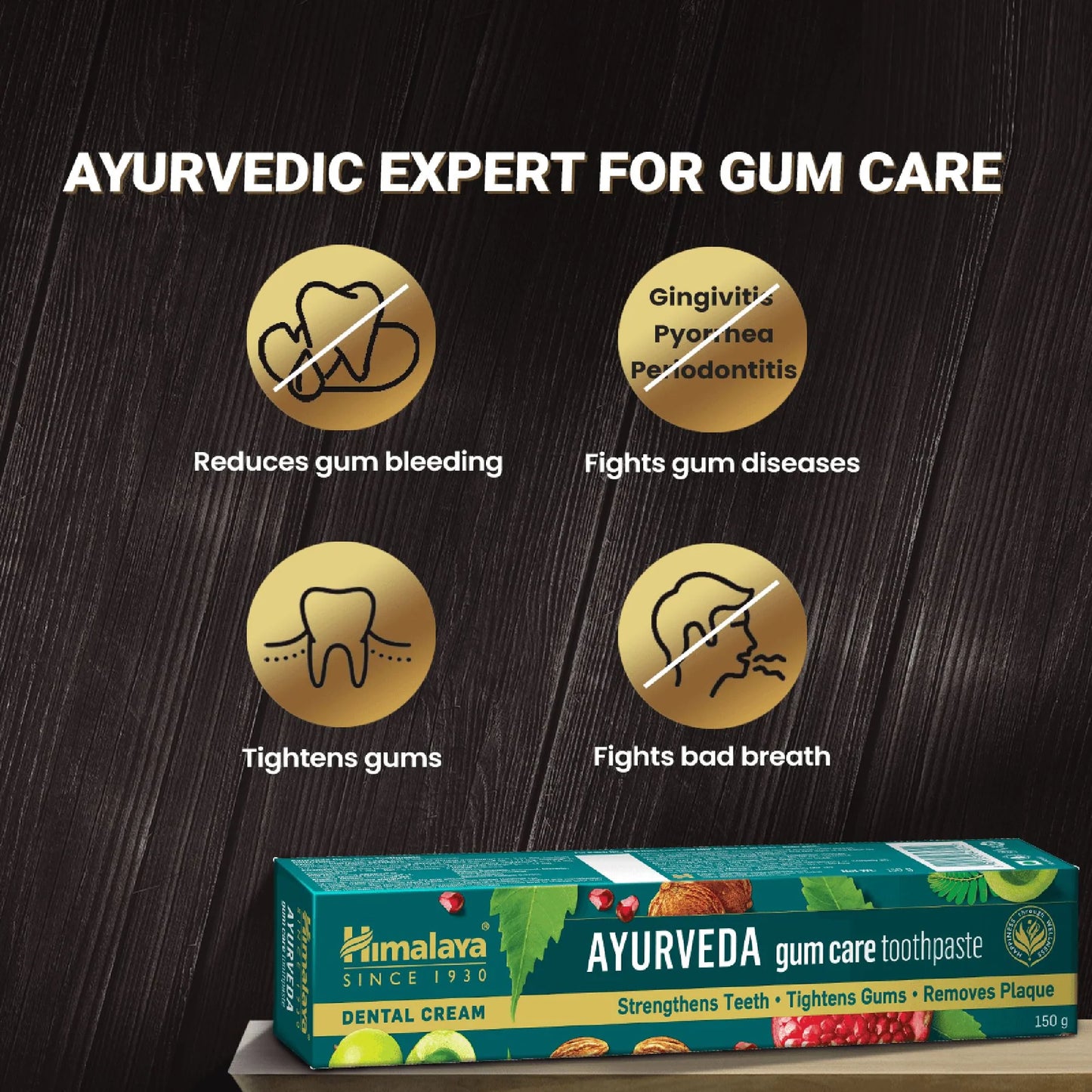 Himalaya Ayurveda gum care product with benefits listed on a dark background
