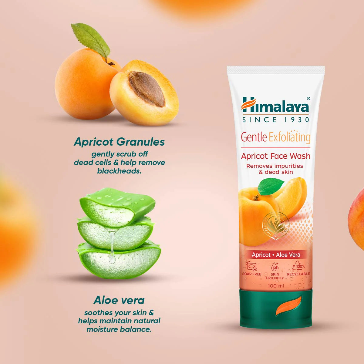 Himalaya Gentle Exfoliating Apricot Face Wash with apricot and aloe vera elements on a beige background