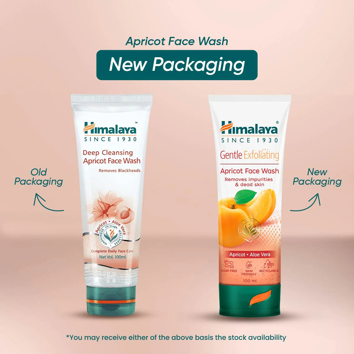 Himalaya Apricot Face Wash with old and new packaging on a beige background