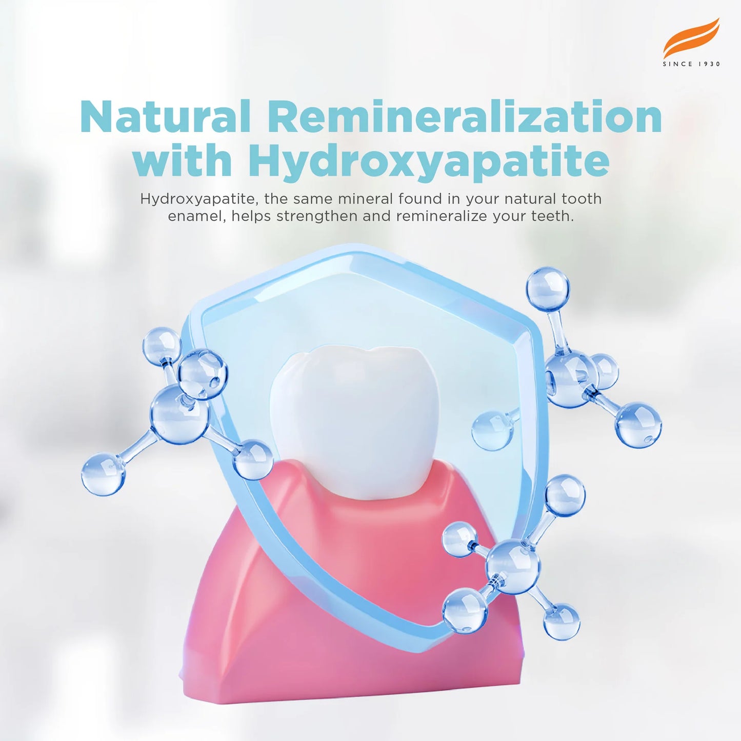 Model of a tooth with hydroxyapatite molecules and text about natural remineralization.