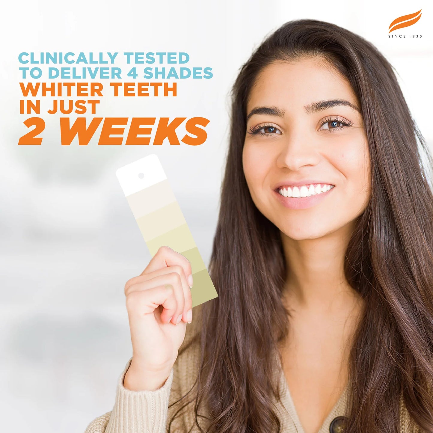 Woman holding a teeth whitening product with promotional text on a white background