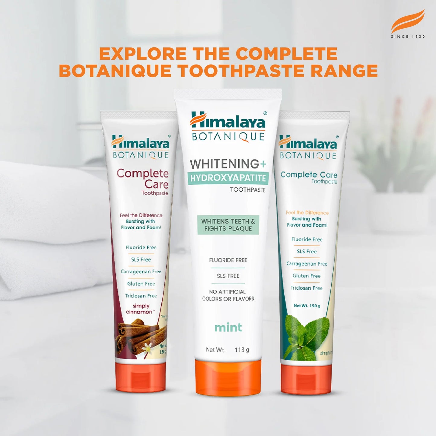 Three tubes of Himalaya Botanique toothpaste on a white background with text promoting the range.