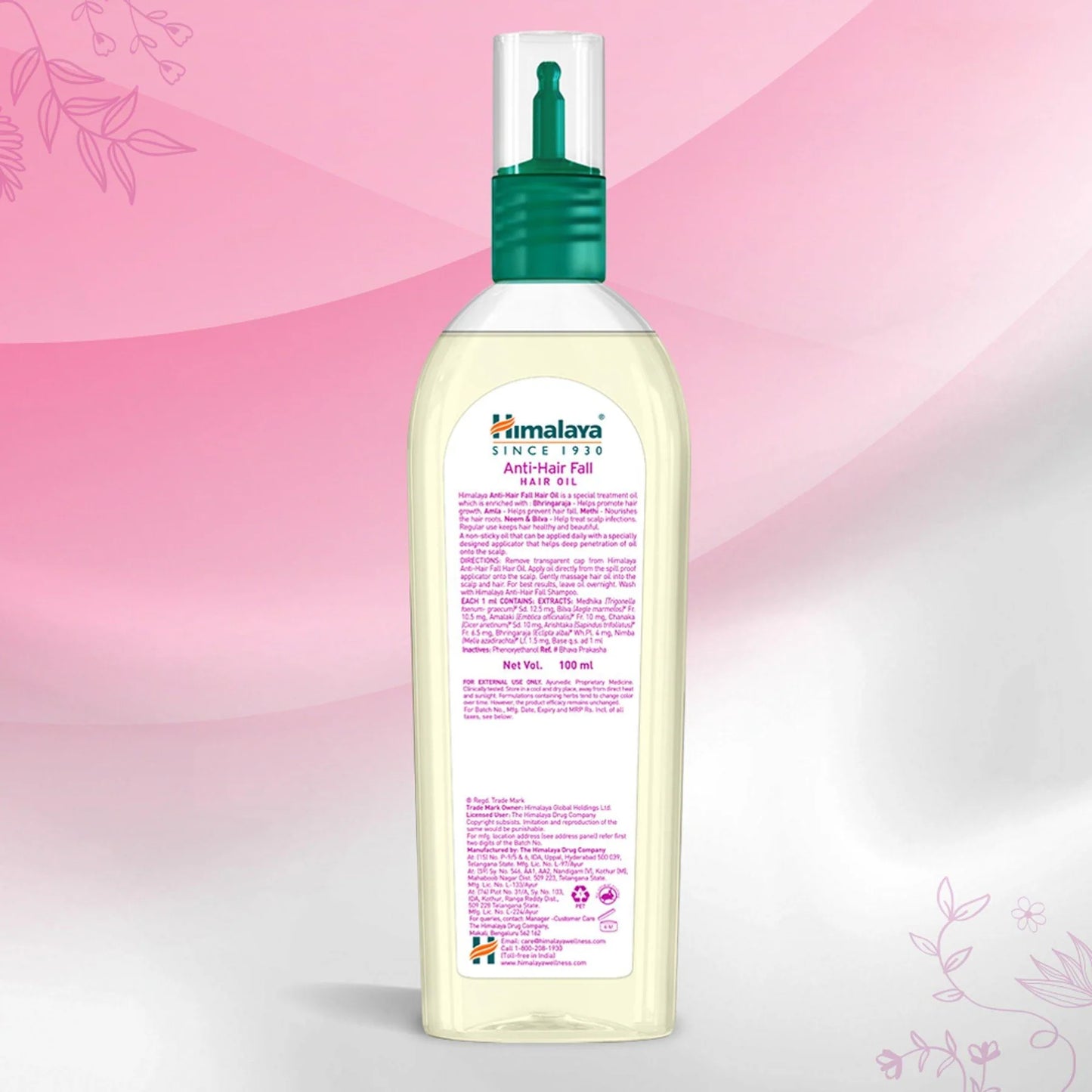 Himalaya Anti-Hair Fall Shampoo bottle on a pink and white gradient background