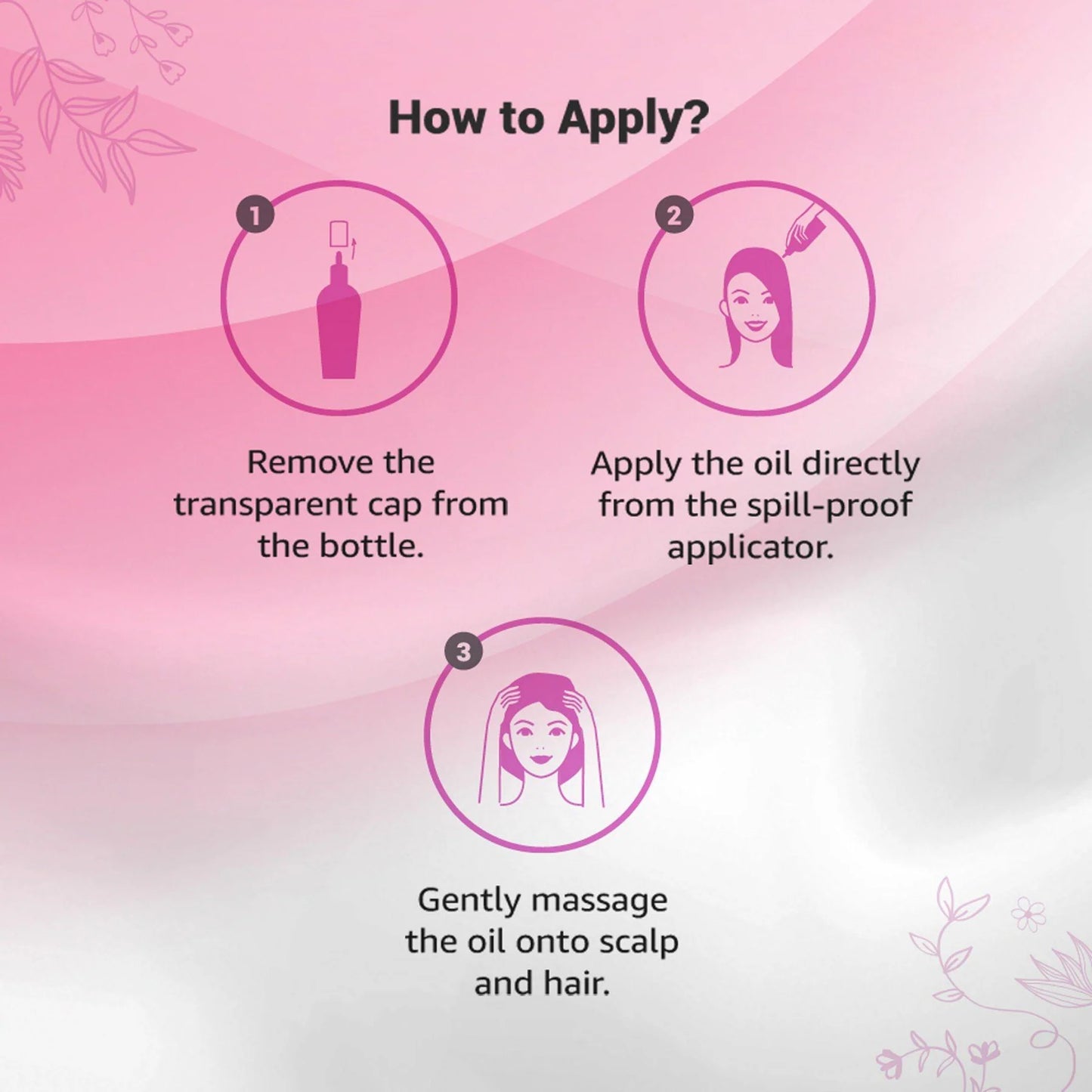 Instructions on how to apply a product with icons and text on a pink gradient background.