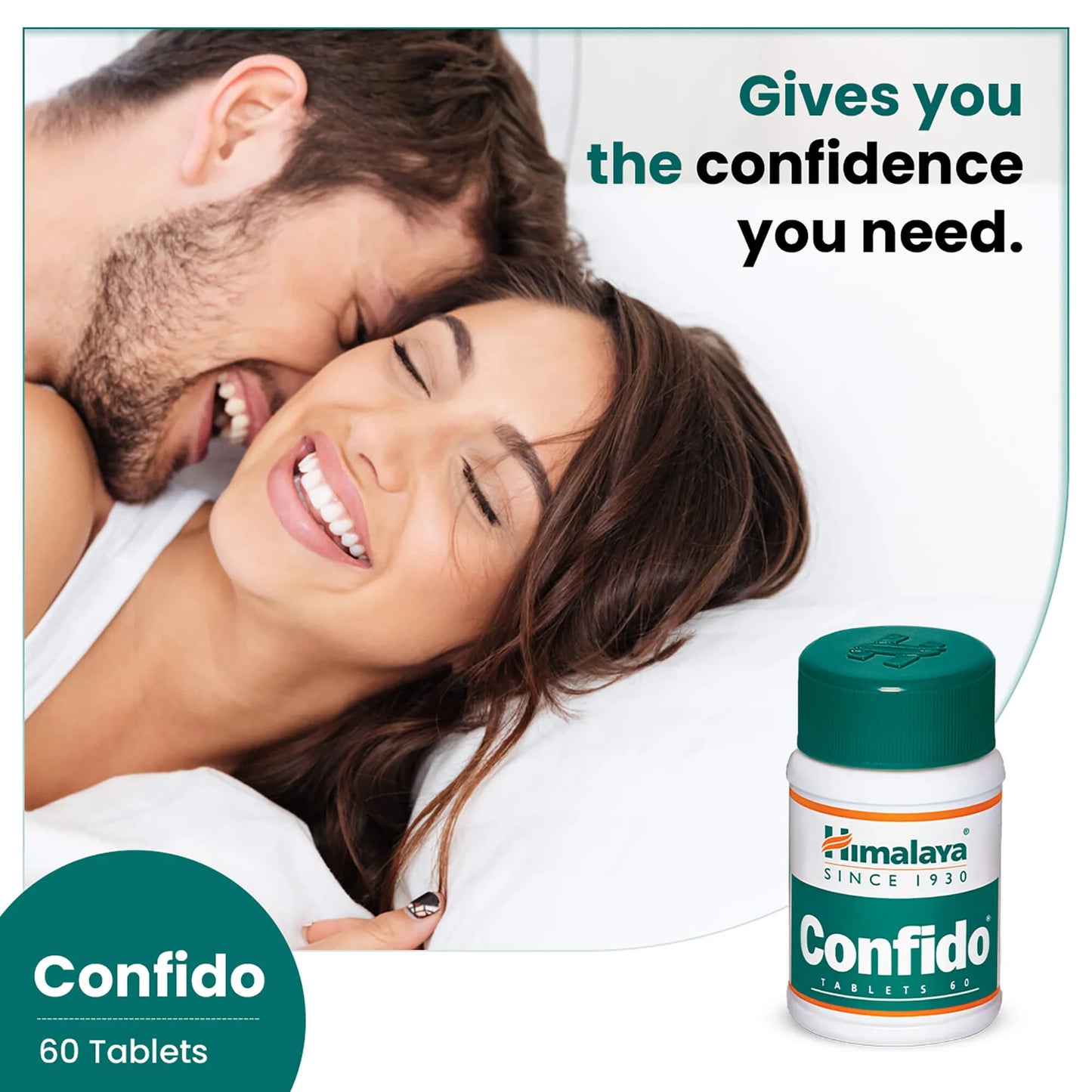 Advertisement for Himalaya Confido with a couple lying down and a bottle of the product.