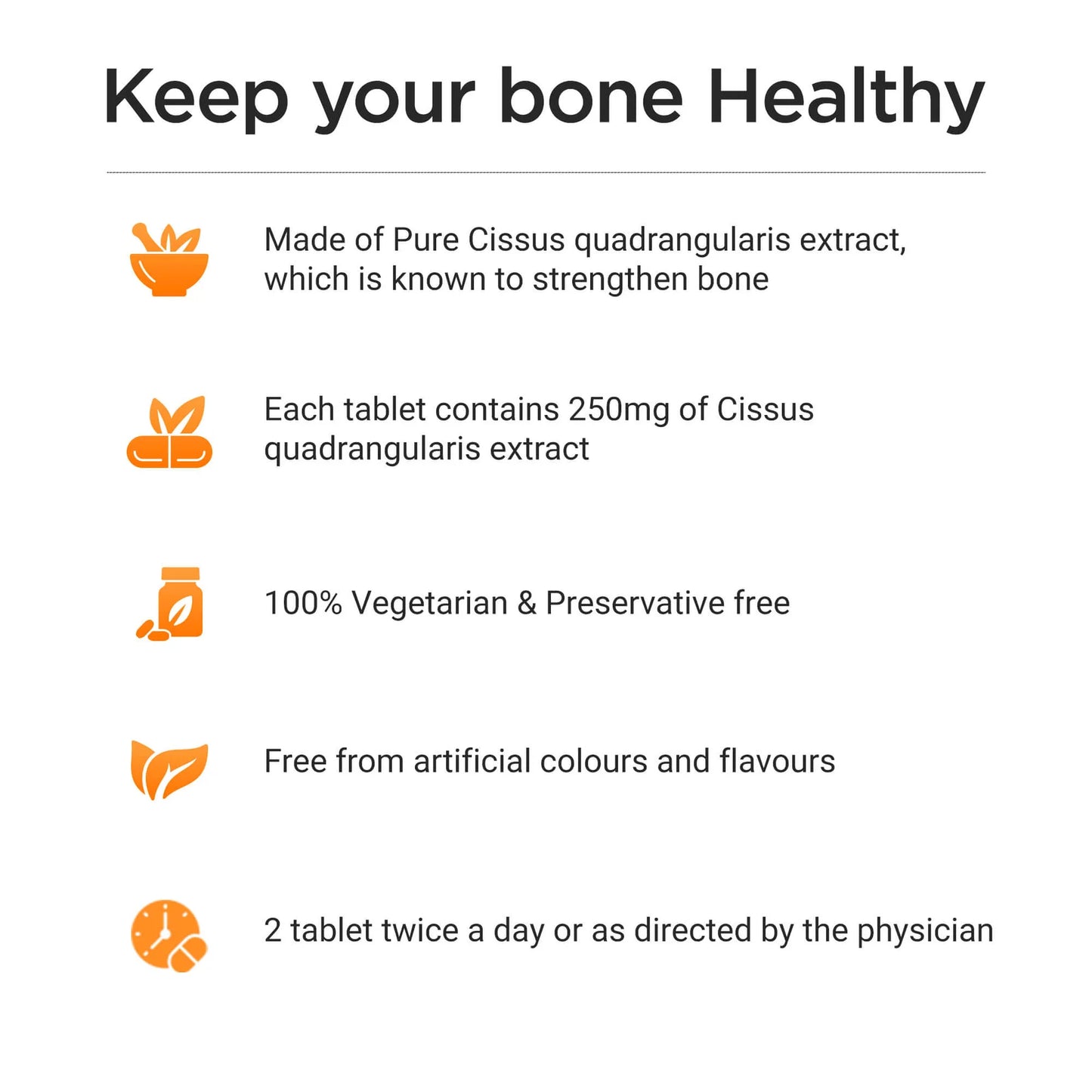 Health supplement product description with icons and text on a white background