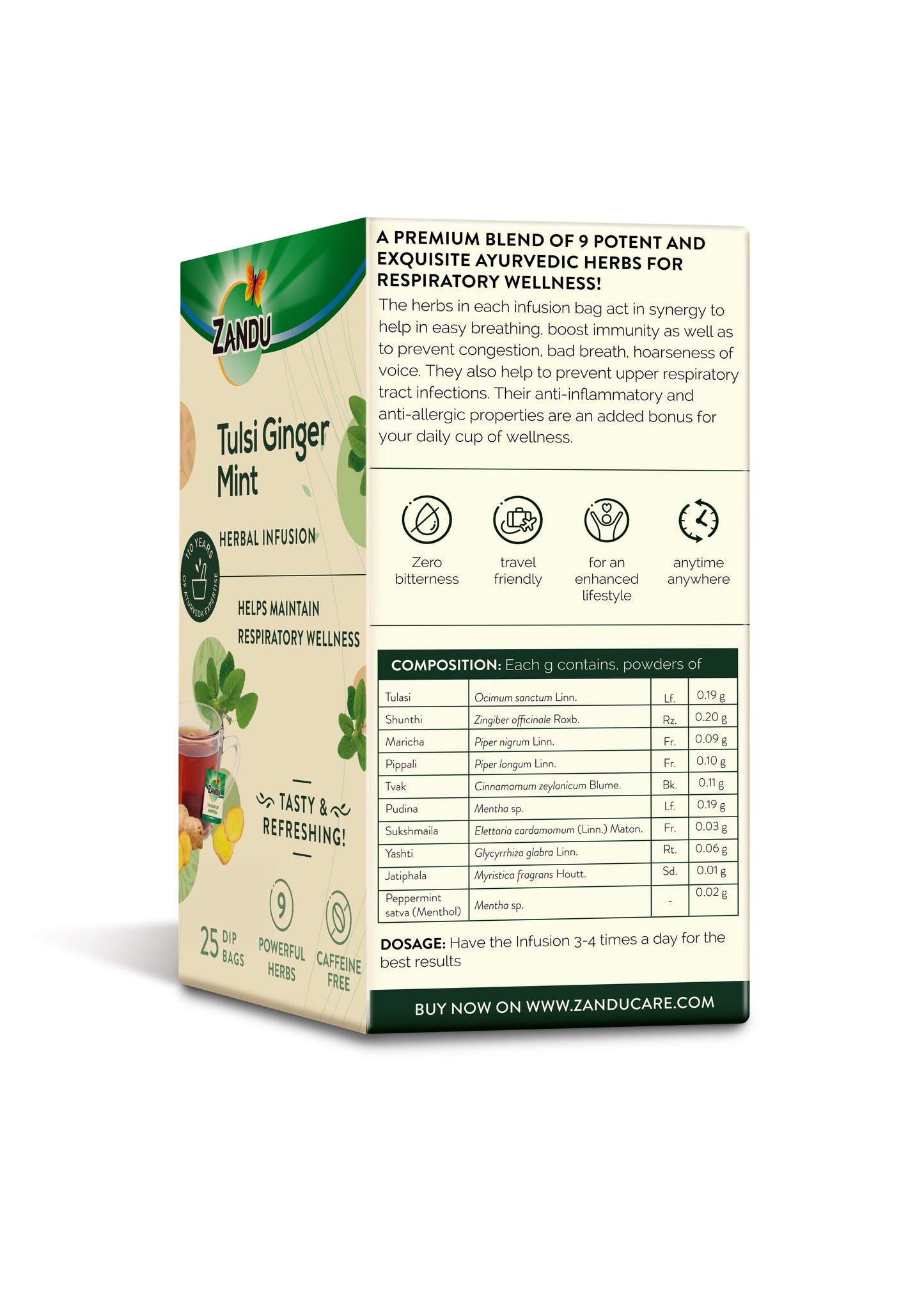Zandu Tulsi Ginger Mint Tea - Cold & Cough Relief 25 Teabags (Pack Of 2)