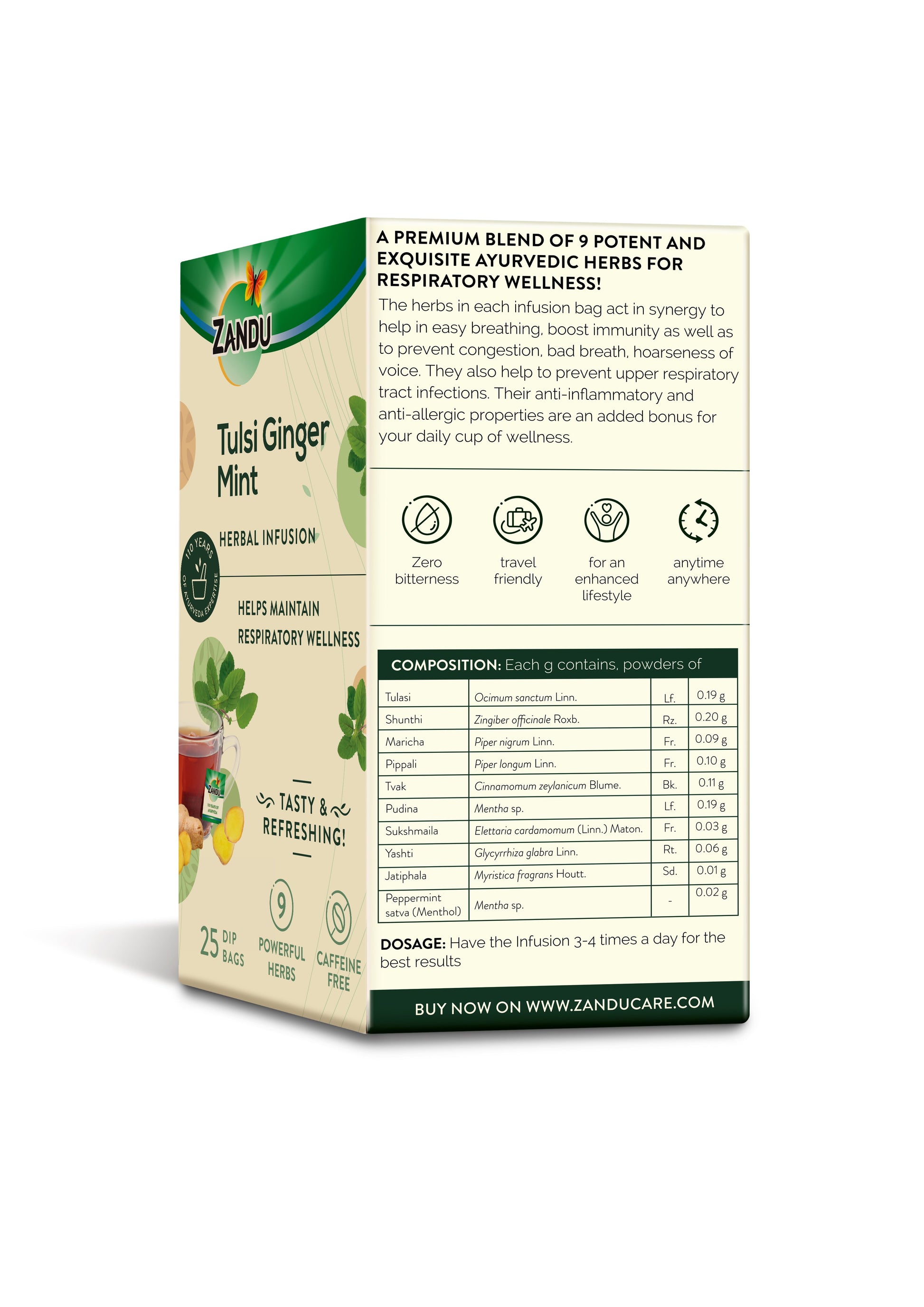 Zandu Tulsi Ginger Mint Tea - Cold & Cough Relief 25 Teabags (Pack Of 2)