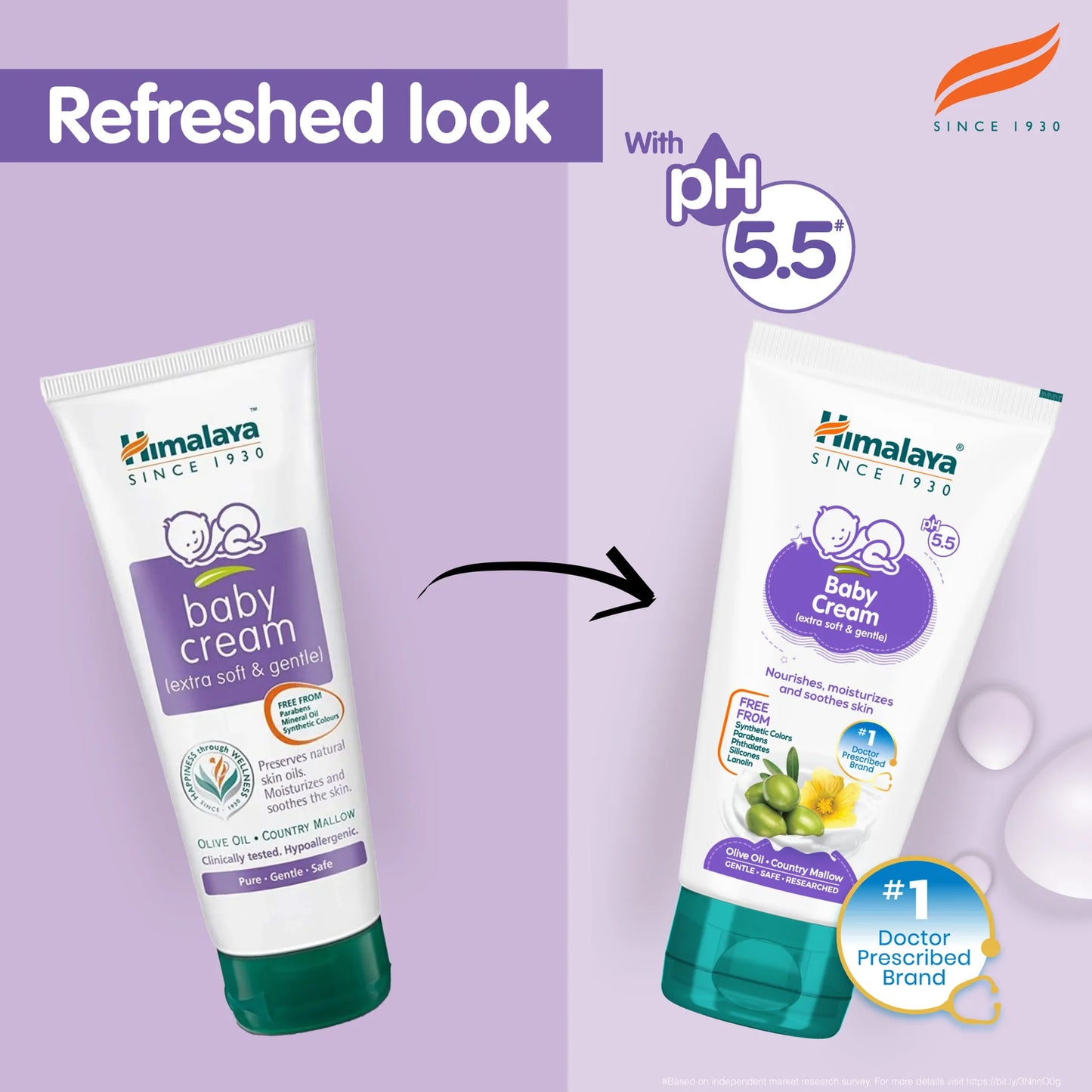 Himalaya Baby Cream packaging with a refreshed design on a purple background