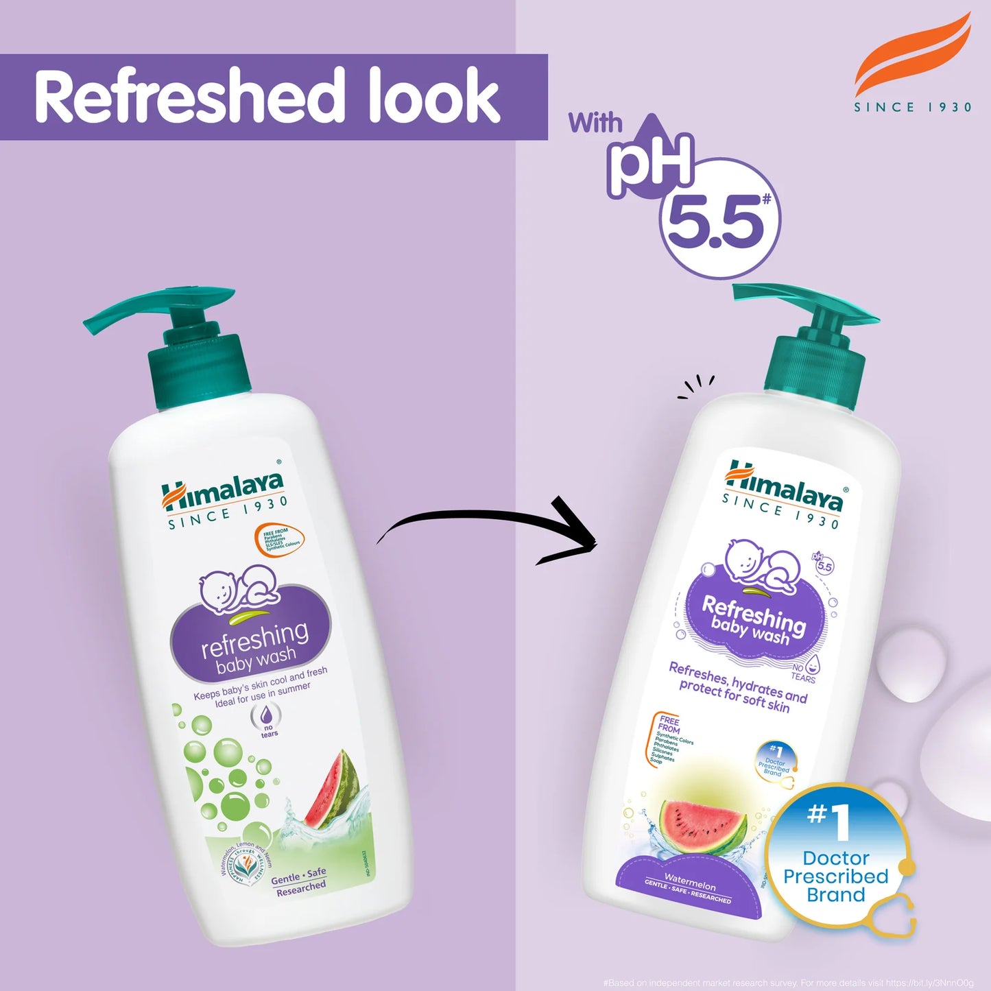 Himalaya Refreshing Baby Wash with a refreshed design on a purple background
