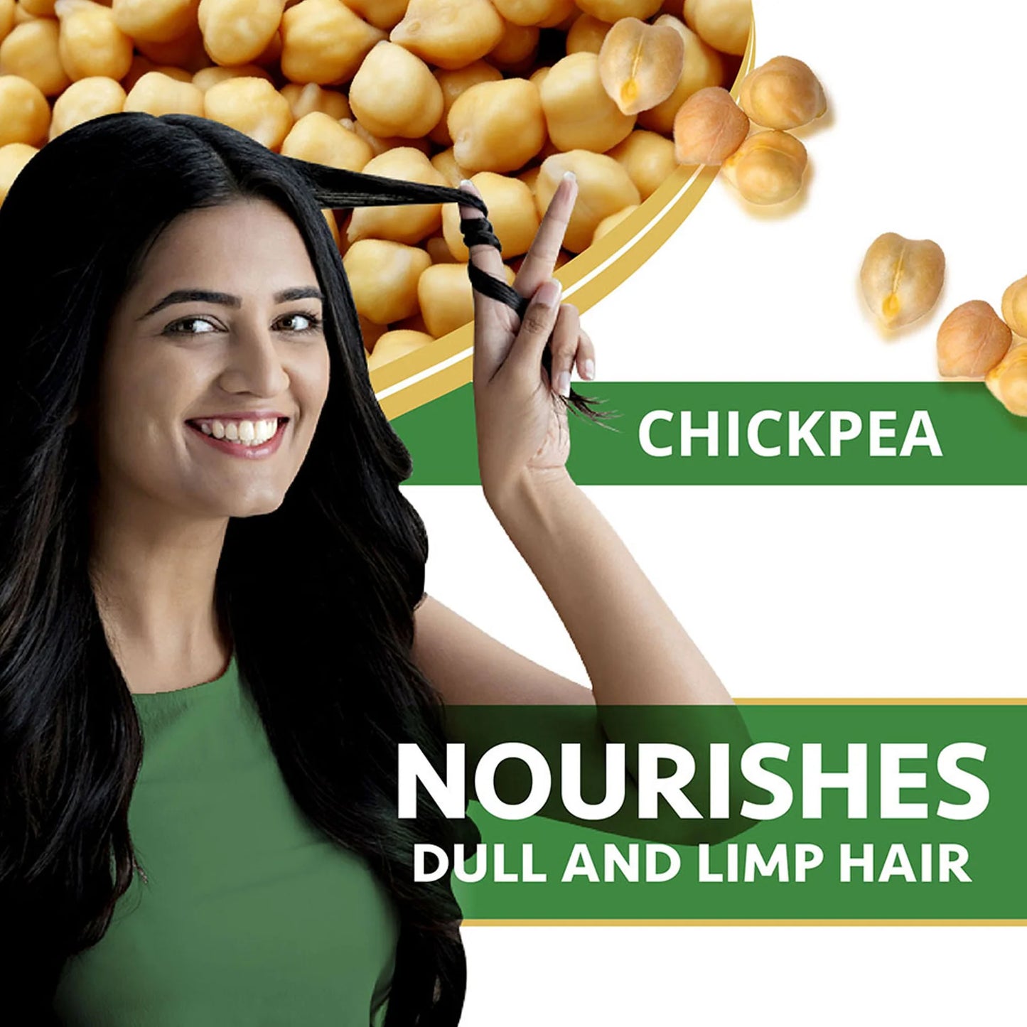 Woman with long black hair holding a braid, chickpeas in the background, and text about chickpea hair nourishment.