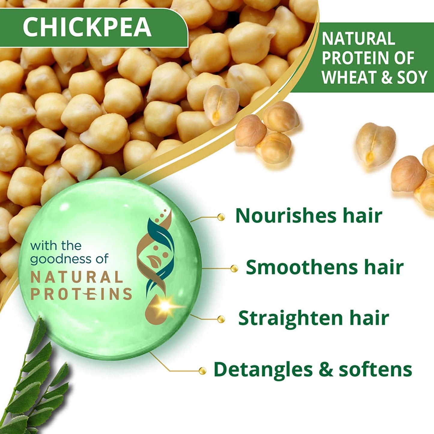 Chickpeas with a green label highlighting natural protein benefits for hair care.
