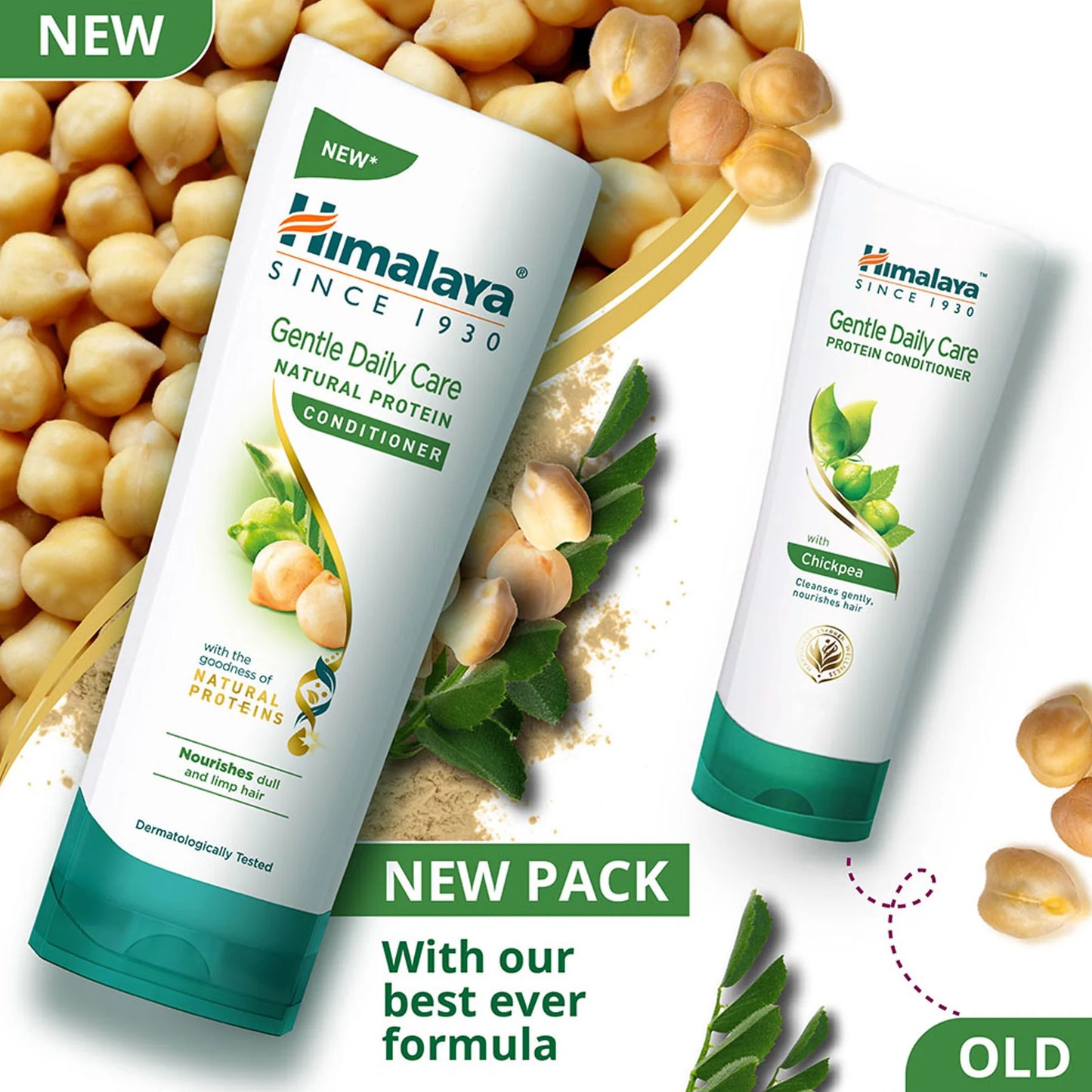 Himalaya Gentle Daily Care Conditioner with chickpeas and green leaves on a white background