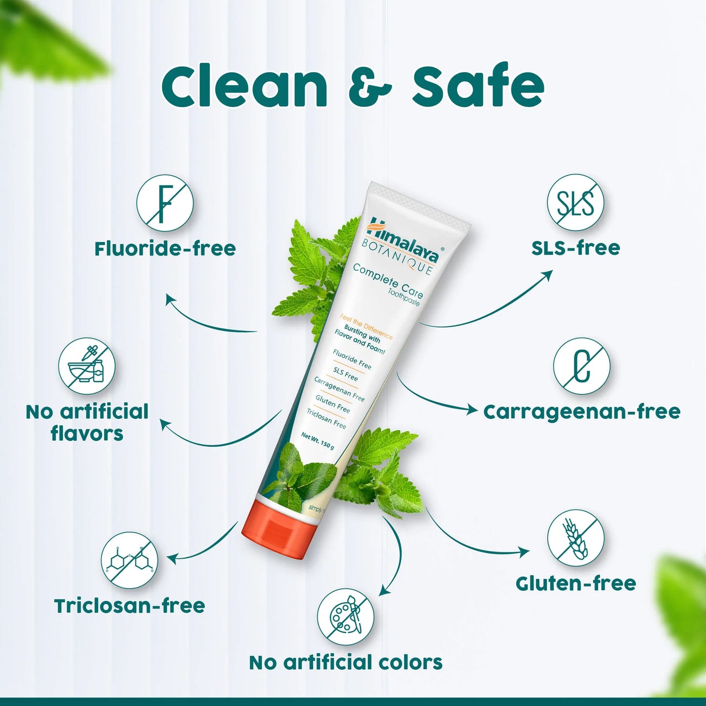 Himalaya Botanics toothpaste tube with clean and safe features on a white background