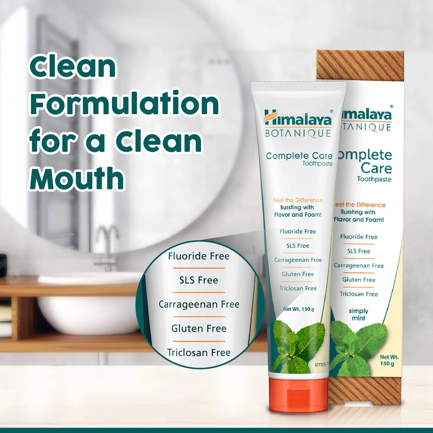 Himalaya Botanique toothpaste with a bathroom setting in the background