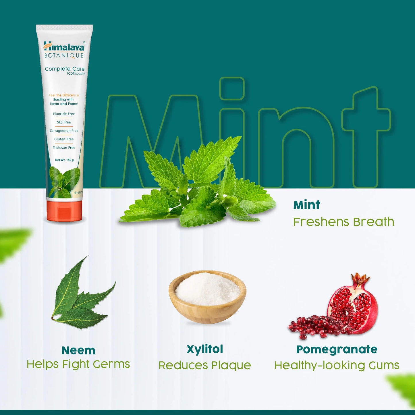 Himalaya Herbals toothpaste tube with mint leaves, neem leaves, xylitol, and pomegranate on a green background.