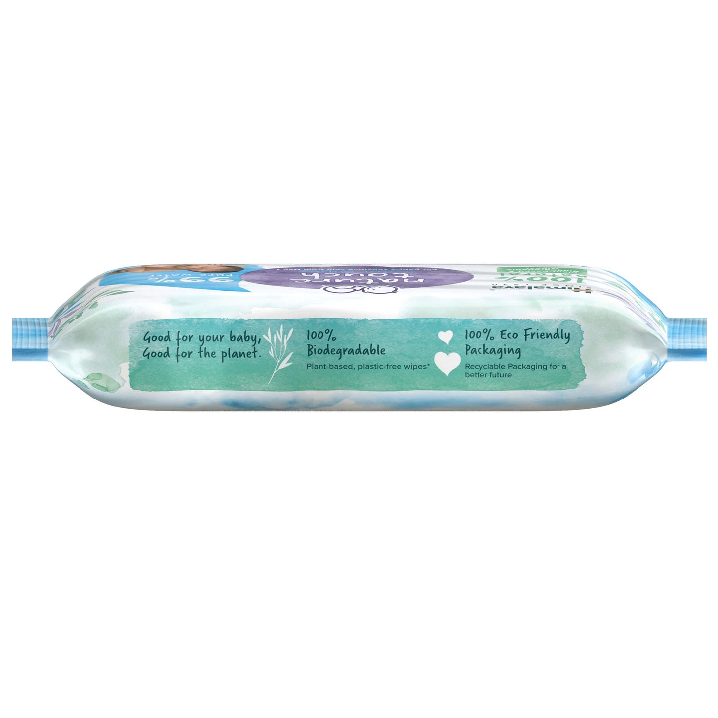 Eco-friendly diaper bag with biodegradable and eco-friendly packaging labels on a white background