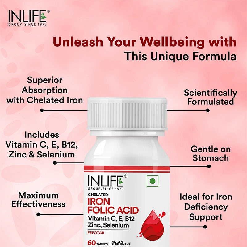 Inlife Chelated Iron Folic Acid Supplement with Vitamin C, E, B12, Zinc & Selenium Tablets - 6