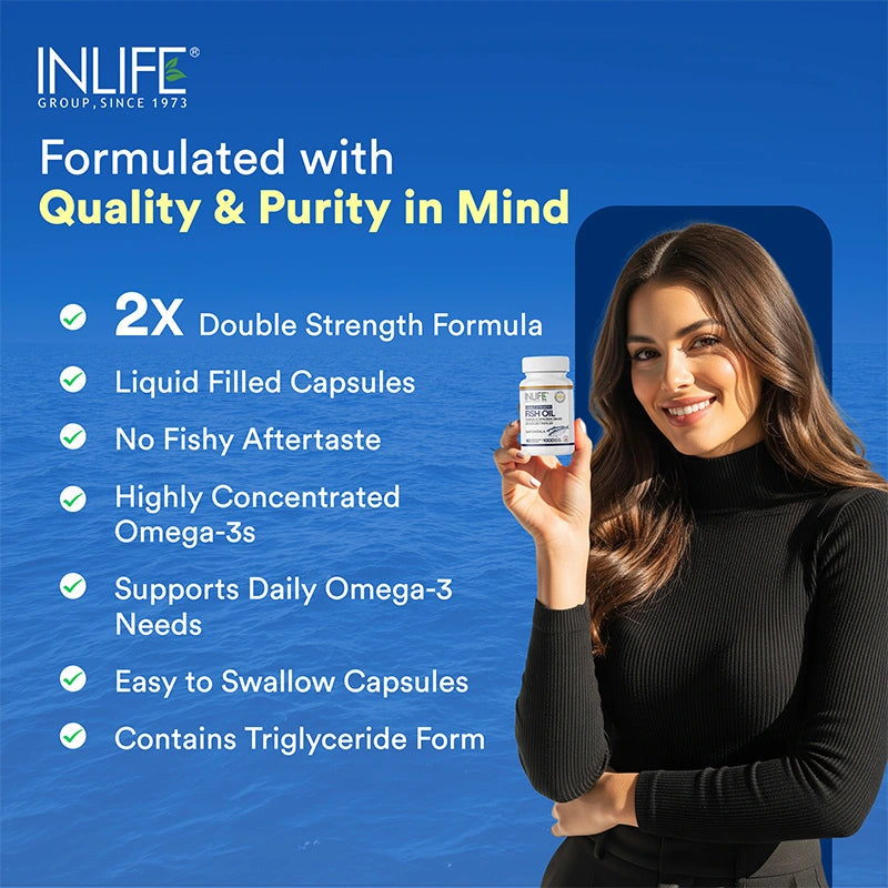 Inlife Fish Oil (Double Strength) Omega 3 Fatty Acids Supplement | 1000mg per serving 60 Capsules