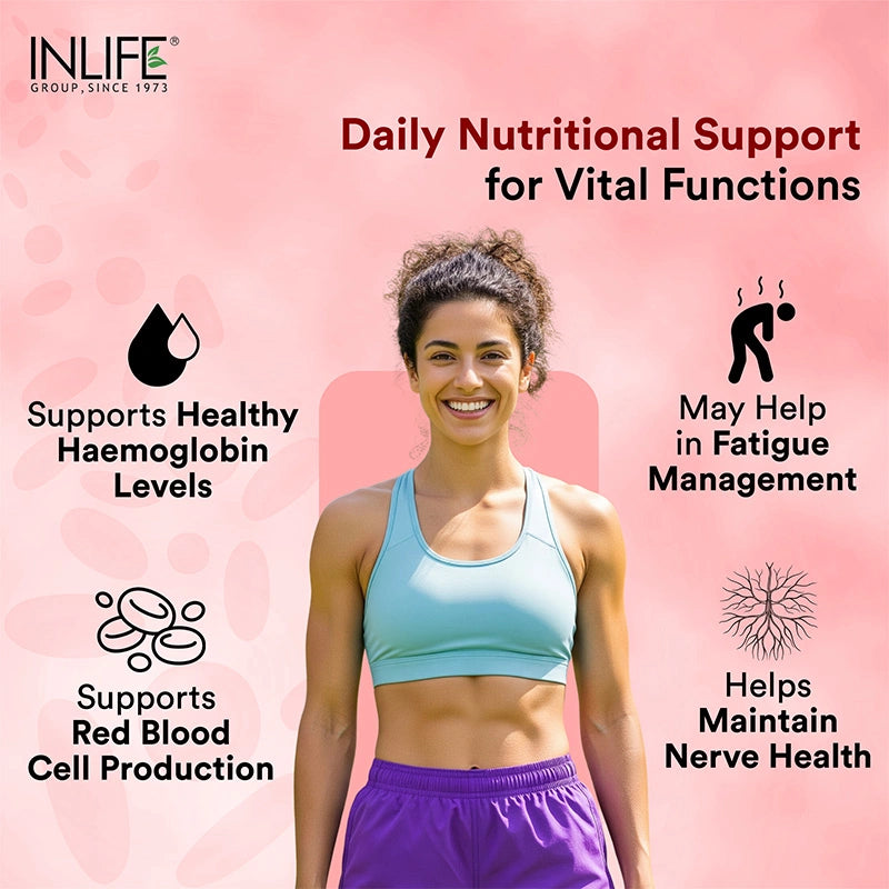 Inlife Chelated Iron Folic Acid Supplement with Vitamin C, E, B12, Zinc & Selenium 60 Tablets
