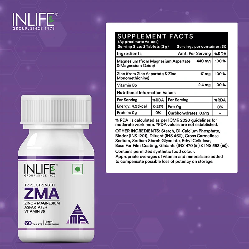 Inlife ZMA 60 Tablets Zinc Magnesium Aspartate and Vitamin B6 Supplement for Men and Women | Muscle Recovery and Sleep Support Supplement